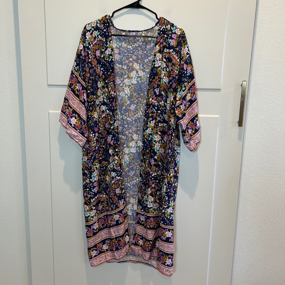 Navy Floral Kimono Duster Boho Sleeve Lightweight Women OS Moon Stars Shawl‎